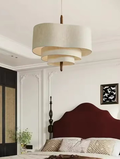 Suspension Cascade en Tissu – Bois & Métal, Douille E27, Dimmable