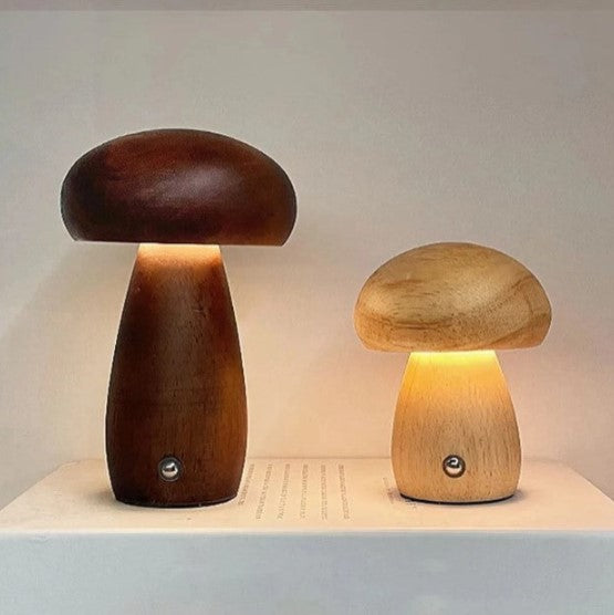 Lampe Champignon en Bois – Hêtre Naturel, Dimmable, Recharge USB