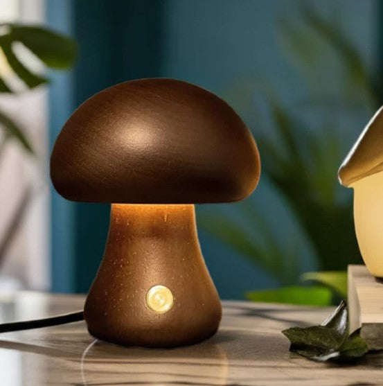 Lampe Champignon en Bois – Hêtre Naturel, Dimmable, Recharge USB