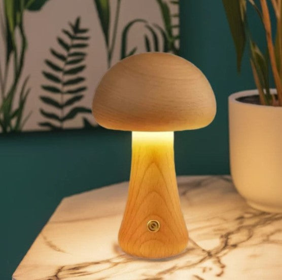 Lampe Champignon en Bois – Hêtre Naturel, Dimmable, Recharge USB