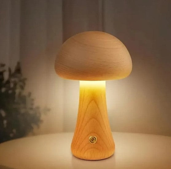 Lampe Champignon en Bois – Hêtre Naturel, Dimmable, Recharge USB