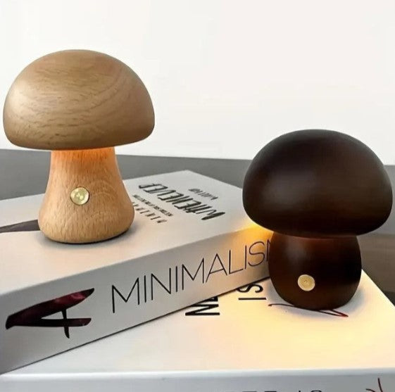Lampe Champignon en Bois – Hêtre Naturel, Dimmable, Recharge USB