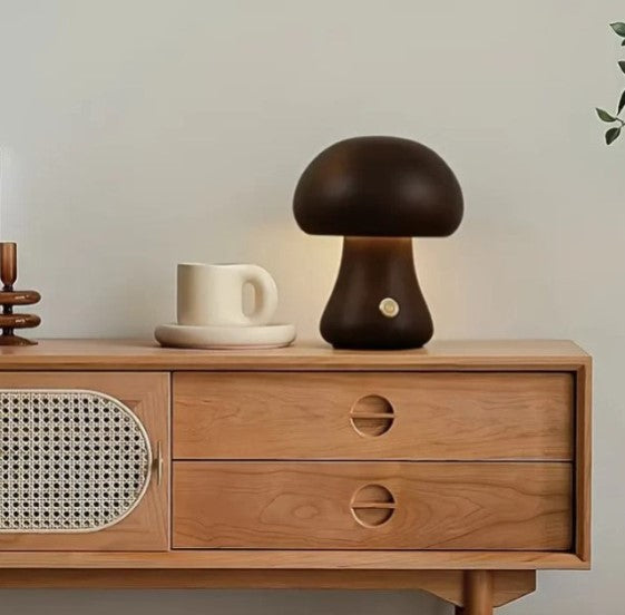 Lampe Champignon en Bois – Hêtre Naturel, Dimmable, Recharge USB