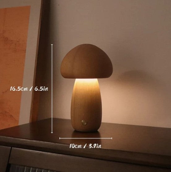 Lampe Champignon en Bois – Hêtre Naturel, Dimmable, Recharge USB