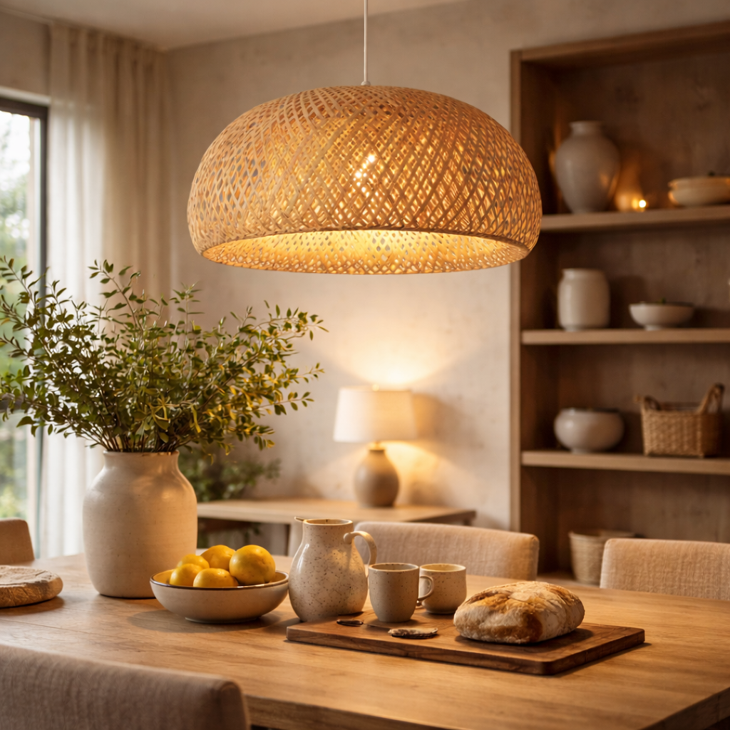 Suspension Lanterne en Bambou & Rotin – Bohème Naturel, Lumière Douce