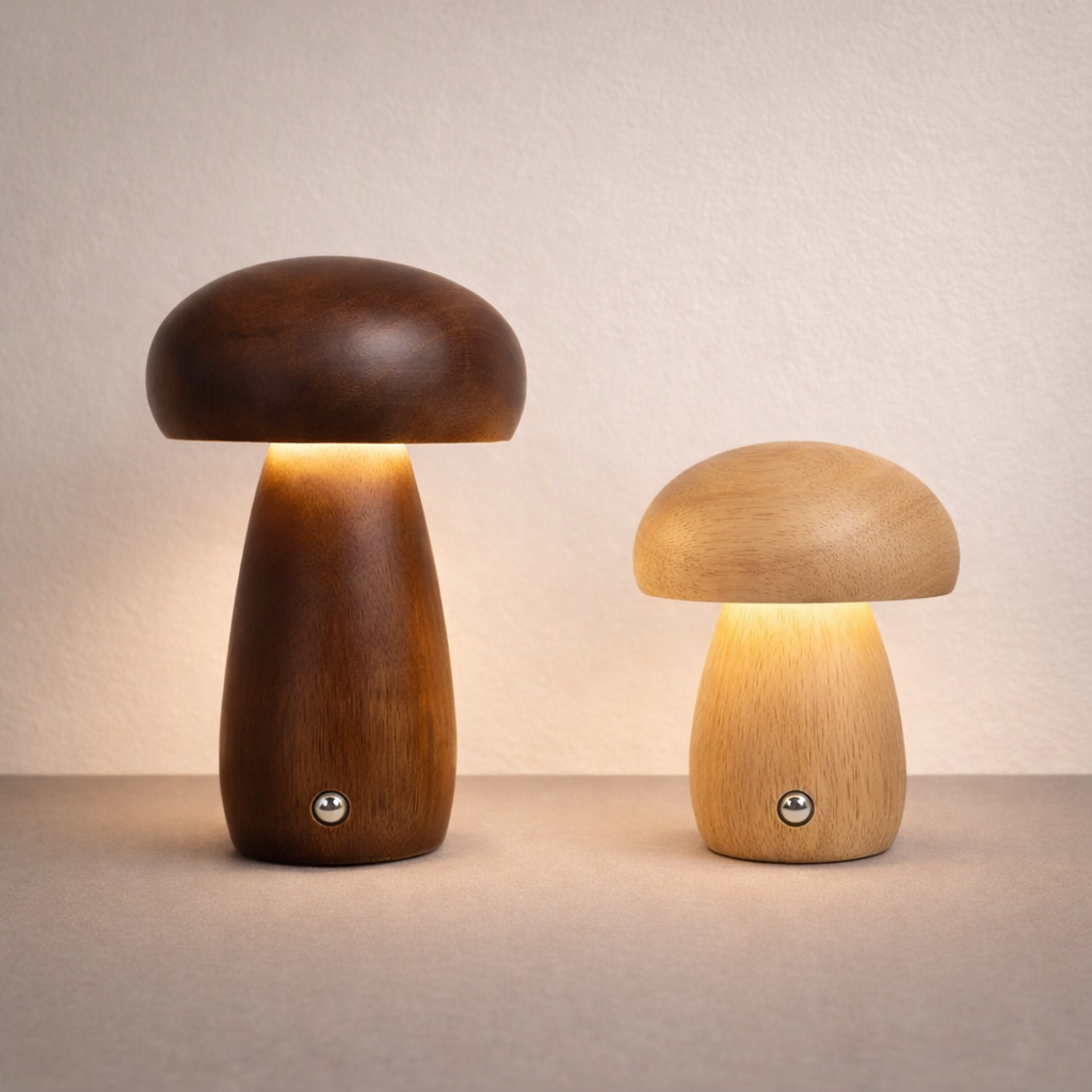 Lampe Champignon en Bois – Hêtre Naturel, Dimmable, Recharge USB
