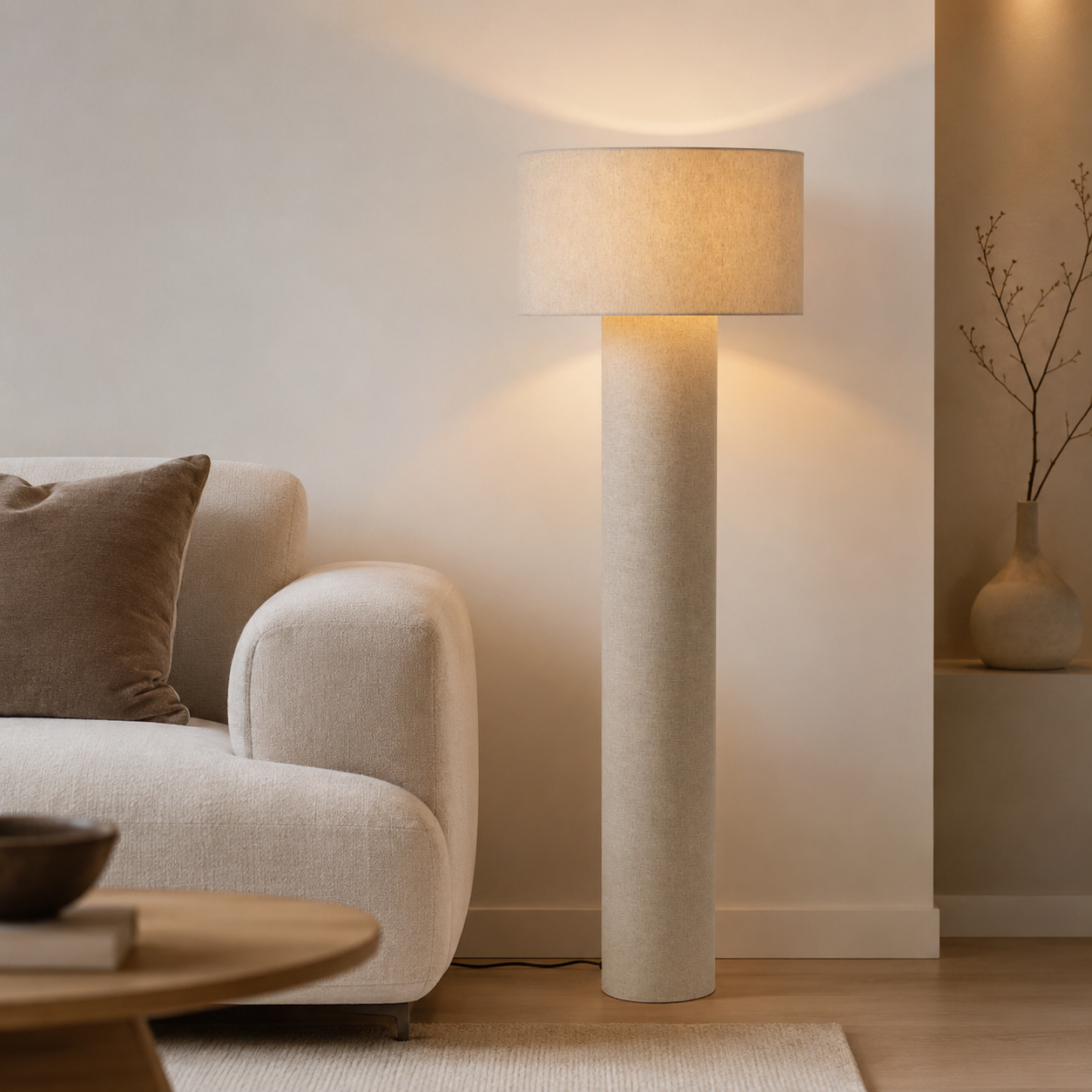 Lampadaire en Lin Beige – Design Cylindrique Minimaliste