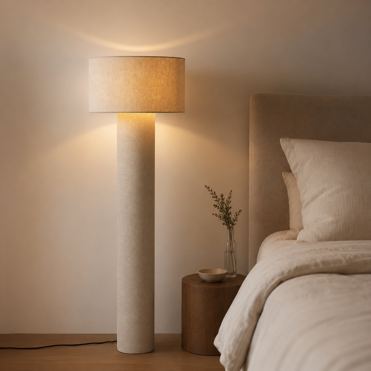 Lampadaire en Lin Beige – Design Cylindrique Minimaliste