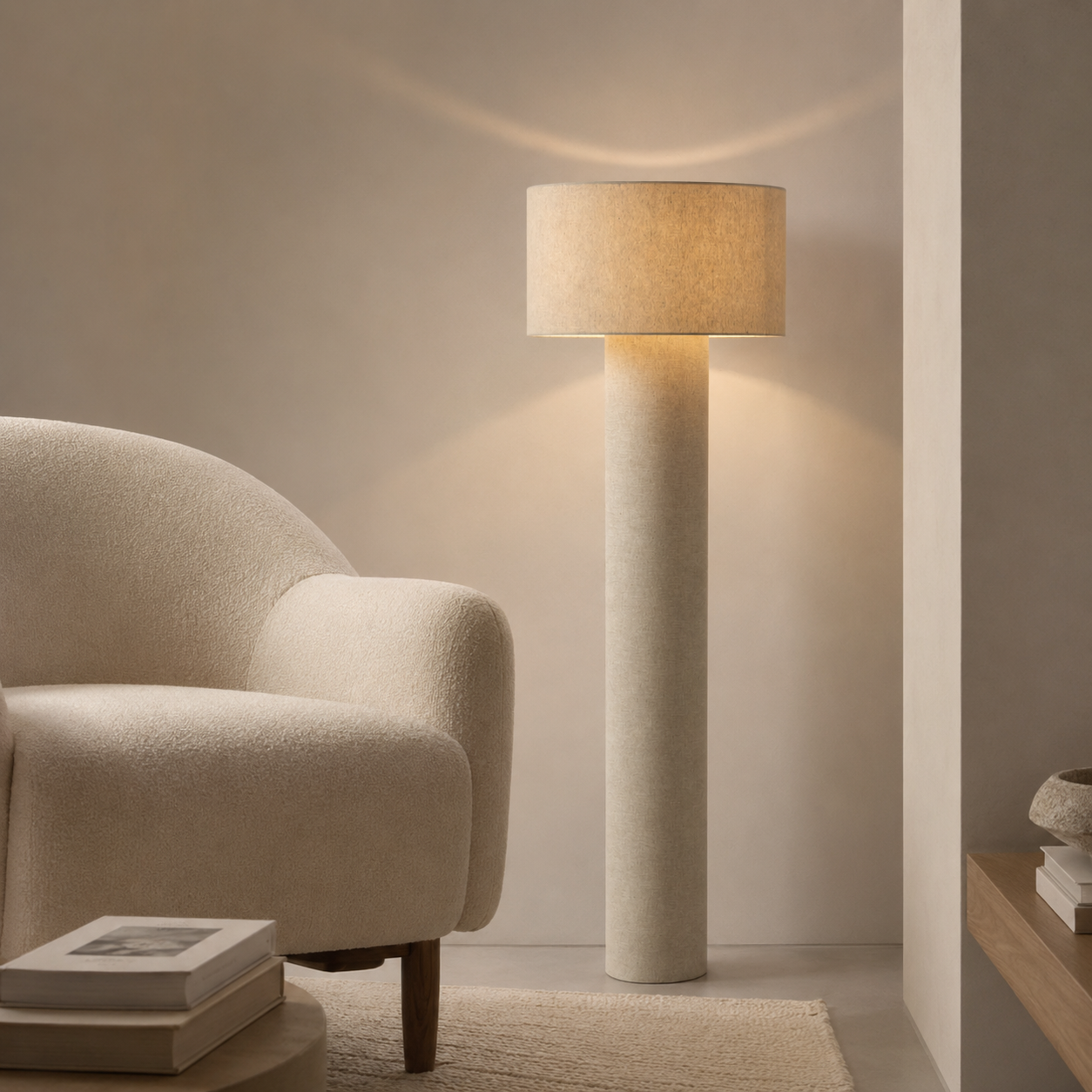 Lampadaire en Lin Beige – Design Cylindrique Minimaliste